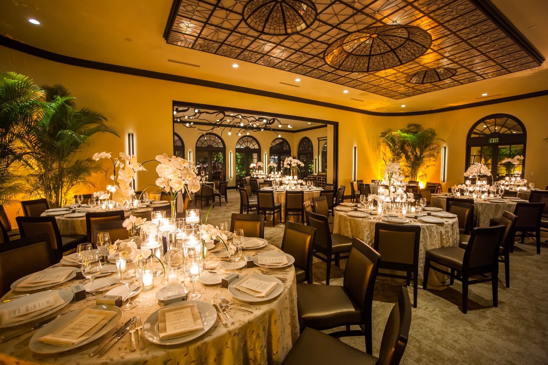 Banquet table setup in the ballroom at Brazilian Court 
