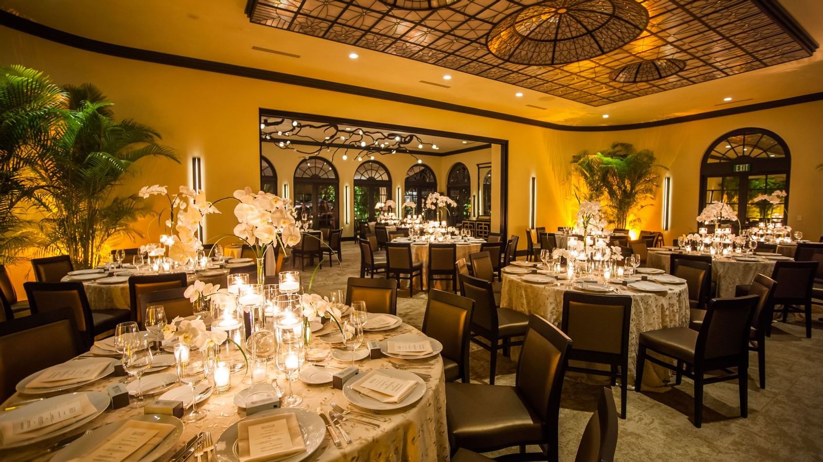 Banquet table setup in the ballroom at Brazilian Court 